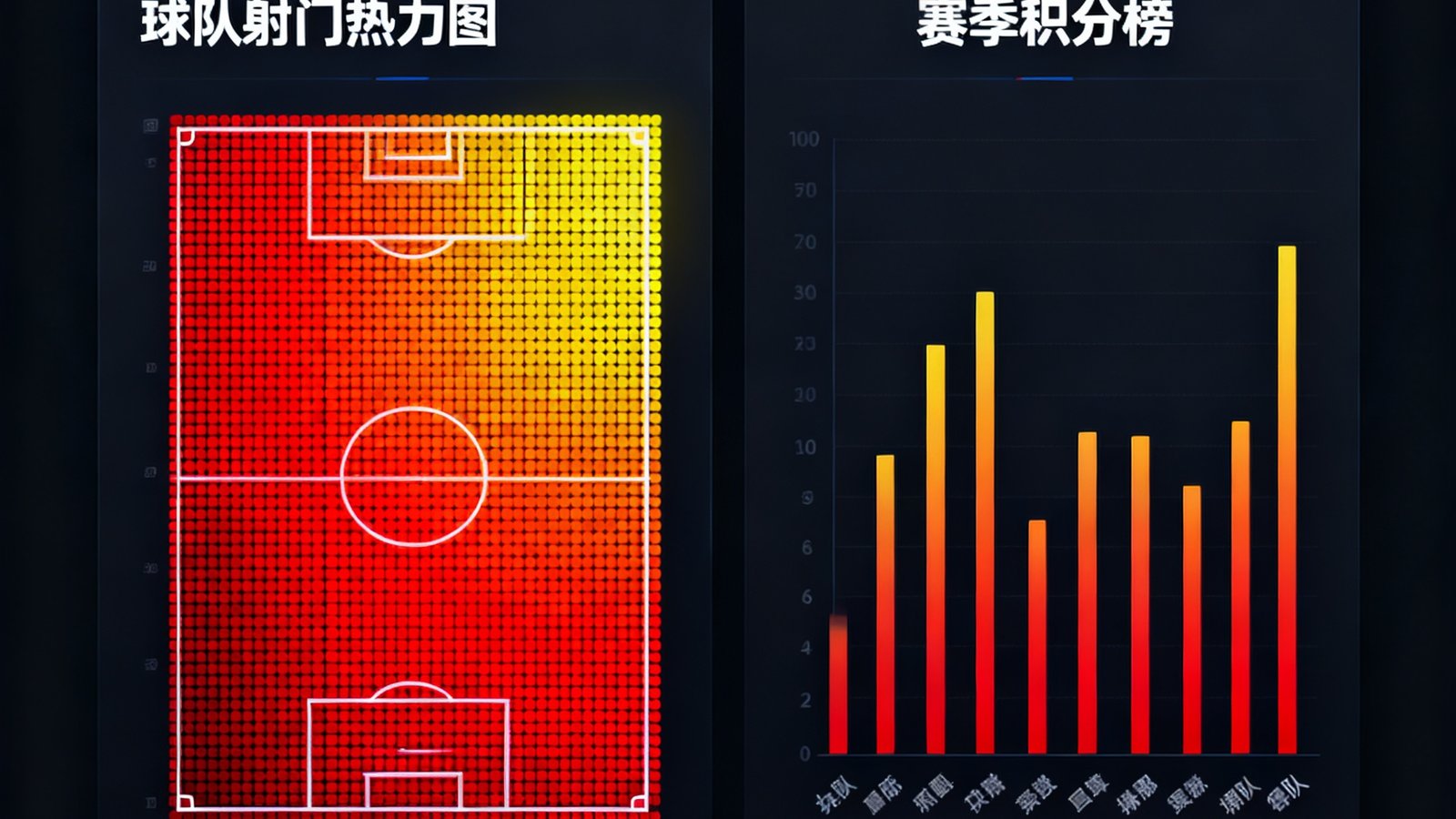 深色背景数据仪表盘，显示球队射门热力图和赛季积分榜柱状图
